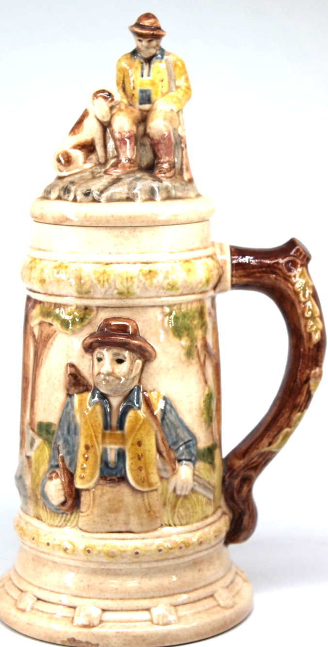 Giant Hand Crafted Beer Stein & Lid Man Dog 3D Deer Ceramic Signed 12-1/4"
